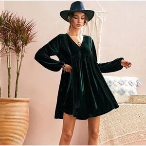 Rusttydustty Long Sleeve Velvet Smock Mini Dress, Large, V-neck Witchy Dark Fem